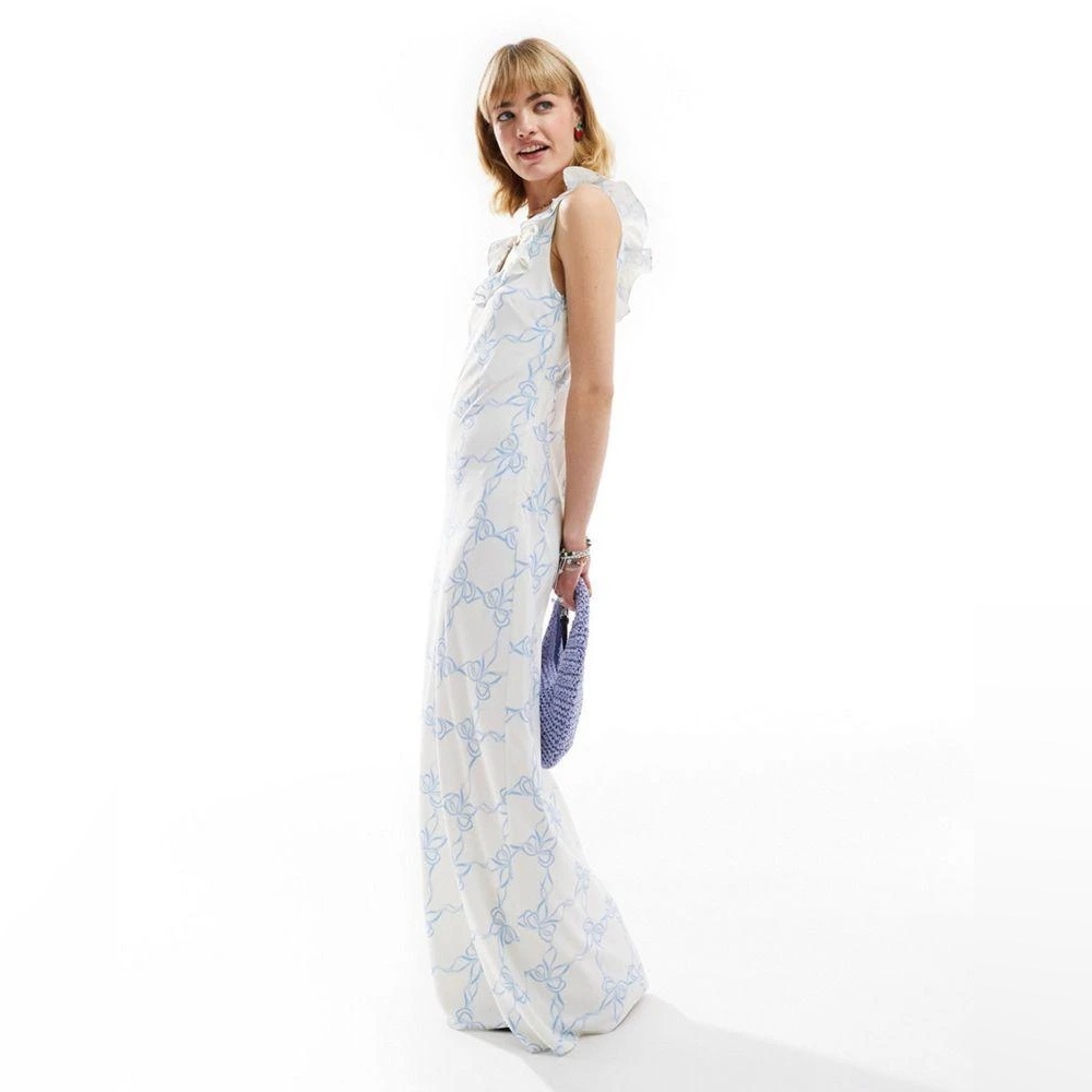 Glamorous Maxi Dress in White with Blue Ribbon Print, Size 6 - Picture 2 of 9
